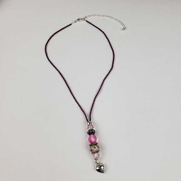 SAQ Handmade Glass Bead Heart Necklace Satin Cord Lanyard Valentine's Day - Picture 3 of 10